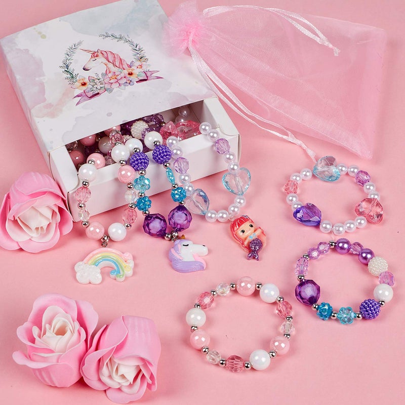 G.C 3 Sets Girl Princess Necklace Bracelet with Colorful Unicorn Mermaid Rainbow Pendant Kids Stretchy Chunky Costume Jewelry Gift Party Favors Dress up Jewelry for Little Girl Toddler(with Gift Box) (A) - Image 2